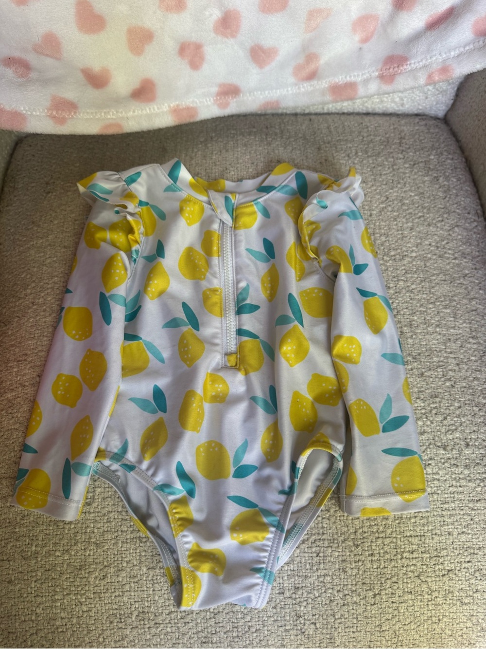 Gerber Girls Long-Sleeve Lemon Print One-Piece Swimsuit - White, Yellow, Teal